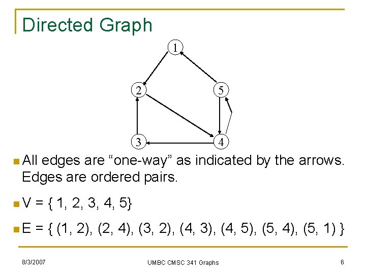 Directed Graph 1 2 5 3 4 n All edges are “one-way” as indicated