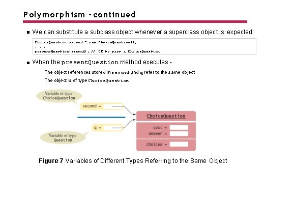 Polymorphism - continued We can substitute a subclass object whenever a superclass object is