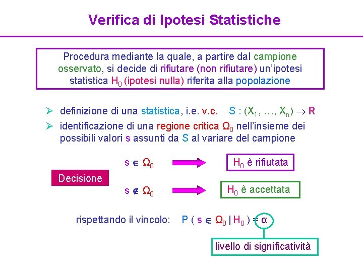 Verifica di Ipotesi Statistiche Procedura mediante la quale, a partire dal campione osservato, si
