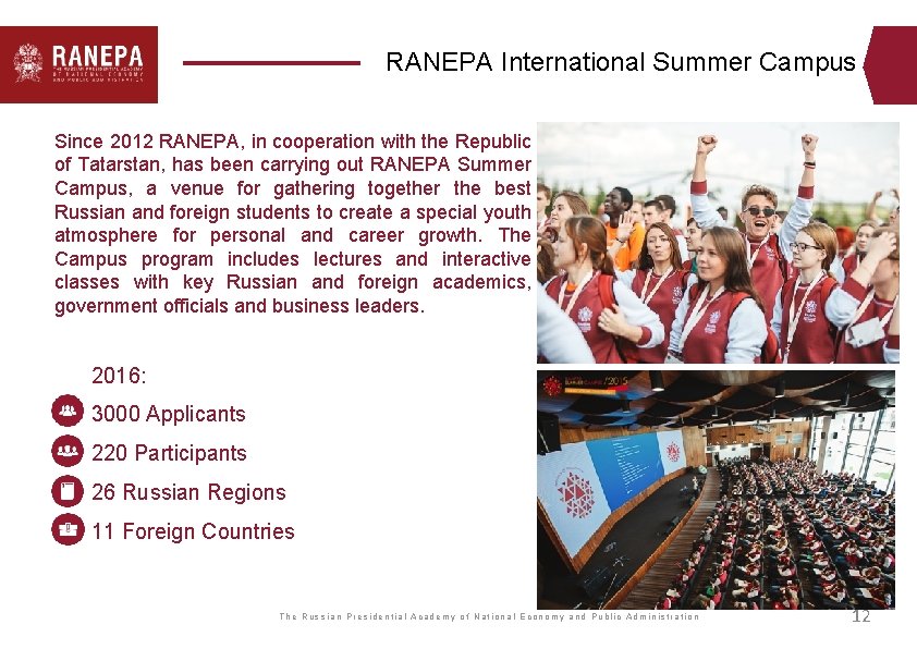 RANEPA International Summer Campus Since 2012 RANEPA, in cooperation with the Republic of Tatarstan,