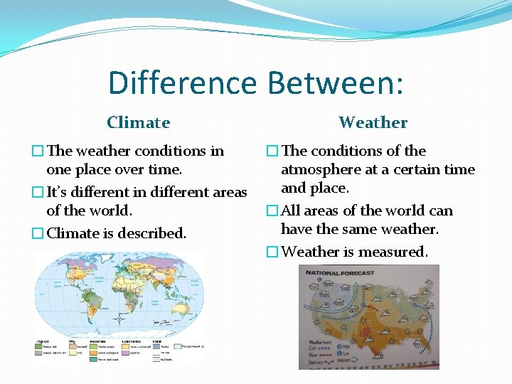 Difference Between: Climate Weather �The weather conditions in one place over time. �It’s different