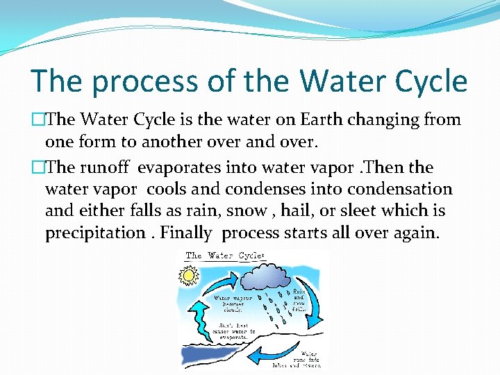 The process of the Water Cycle �The Water Cycle is the water on Earth