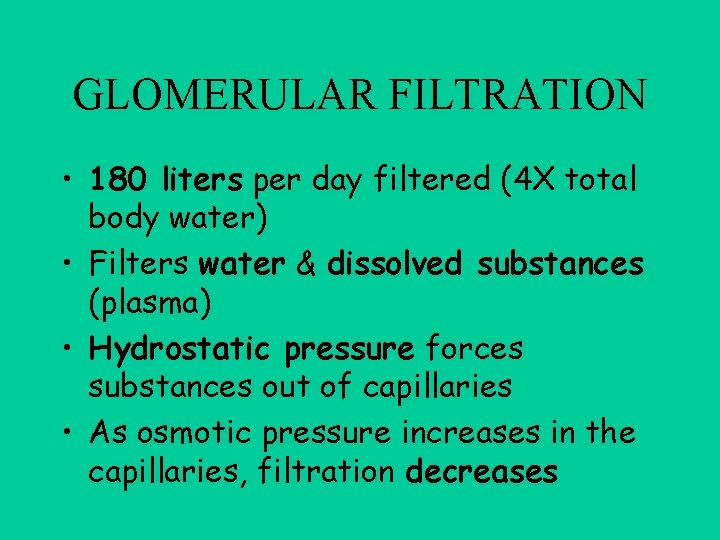 GLOMERULAR FILTRATION • 180 liters per day filtered (4 X total body water) •