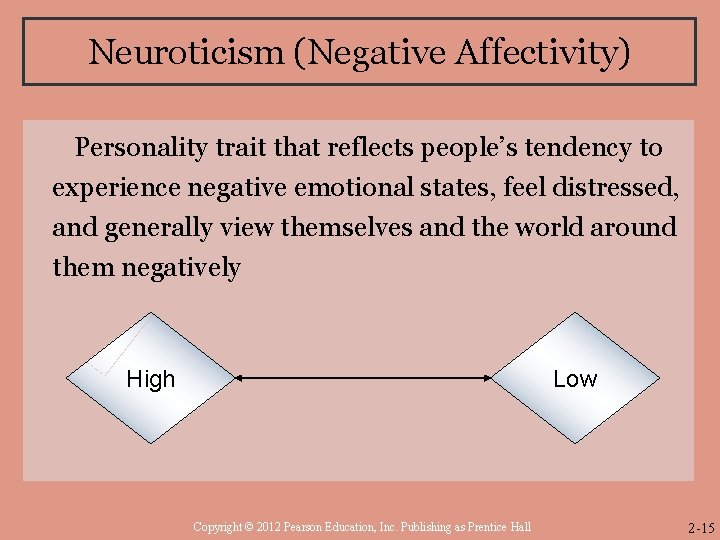 Neuroticism (Negative Affectivity) Personality trait that reflects people’s tendency to experience negative emotional states,