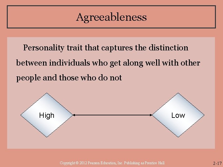 Agreeableness Personality trait that captures the distinction between individuals who get along well with