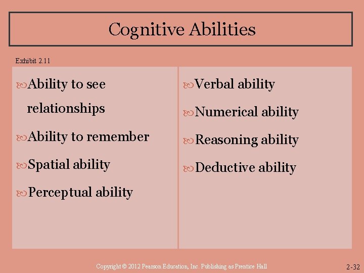Cognitive Abilities Exhibit 2. 11 Ability to see relationships Verbal ability Numerical ability Ability