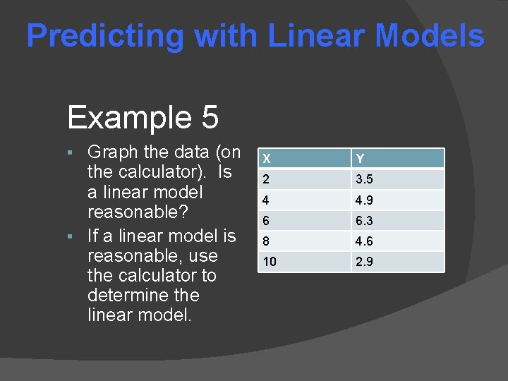 Predicting with Linear Models Example 5 Graph the data (on the calculator). Is a Predicting with Linear Models Example 5 Graph the data (on the calculator). Is a