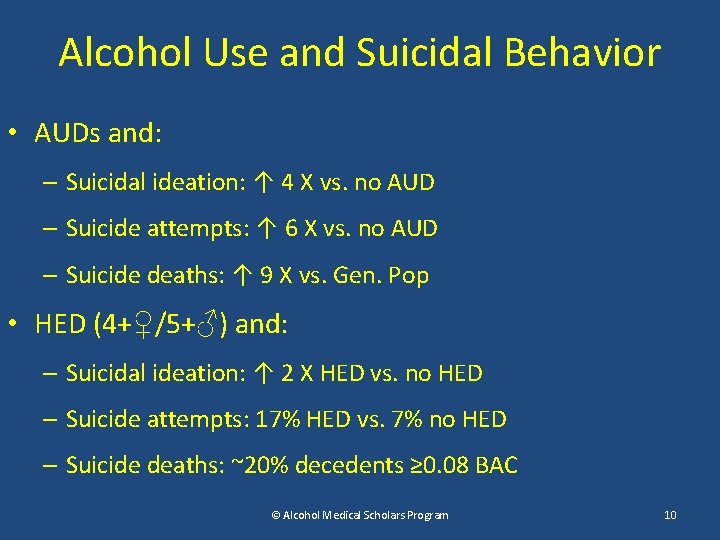 Alcohol Use and Suicidal Behavior • AUDs and: – Suicidal ideation: ↑ 4 X