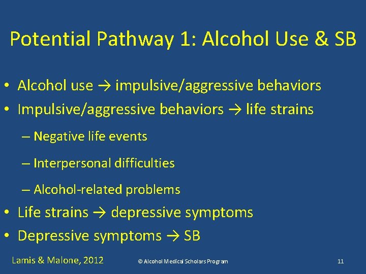 Potential Pathway 1: Alcohol Use & SB • Alcohol use → impulsive/aggressive behaviors •