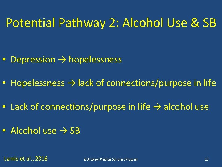 Potential Pathway 2: Alcohol Use & SB • Depression → hopelessness • Hopelessness →