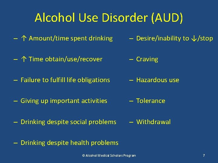 Alcohol Use Disorder (AUD) – ↑ Amount/time spent drinking – Desire/inability to ↓/stop –