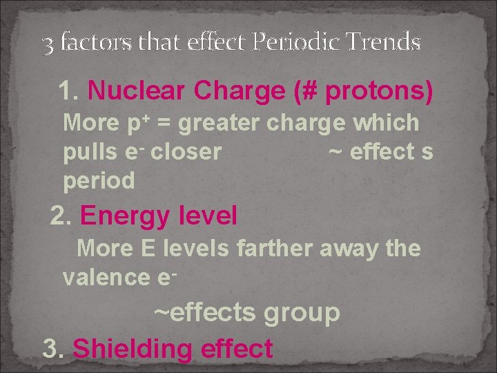 3 factors that effect Periodic Trends 1. Nuclear Charge (# protons) More p+ =