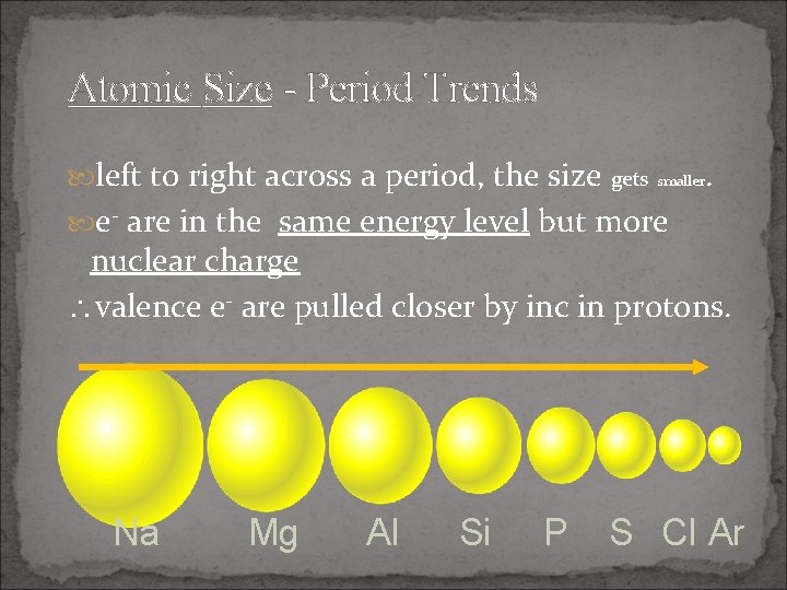 Atomic Size - Period Trends left to right across a period, the size gets