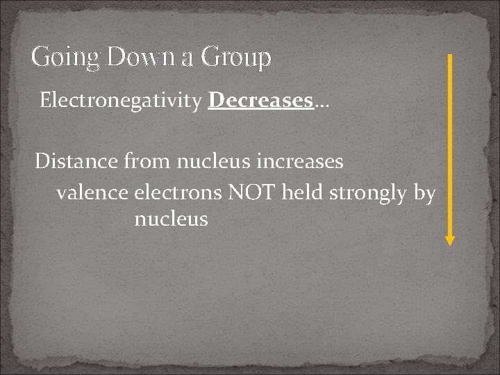 Going Down a Group Electronegativity Decreases… Distance from nucleus increases valence electrons NOT held