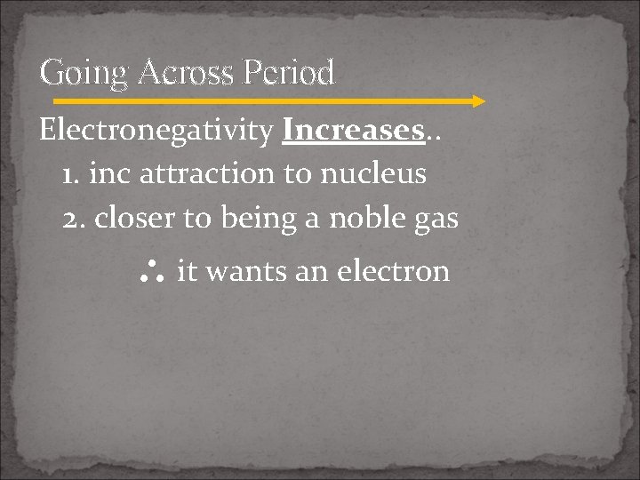 Going Across Period Electronegativity Increases. . 1. inc attraction to nucleus 2. closer to