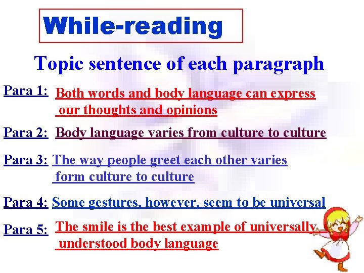 While-reading Topic sentence of each paragraph Para 1: Both words and body language can