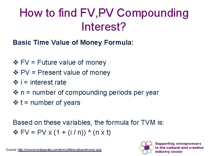 How to find FV, PV Compounding Interest? Basic Time Value of Money Formula: v