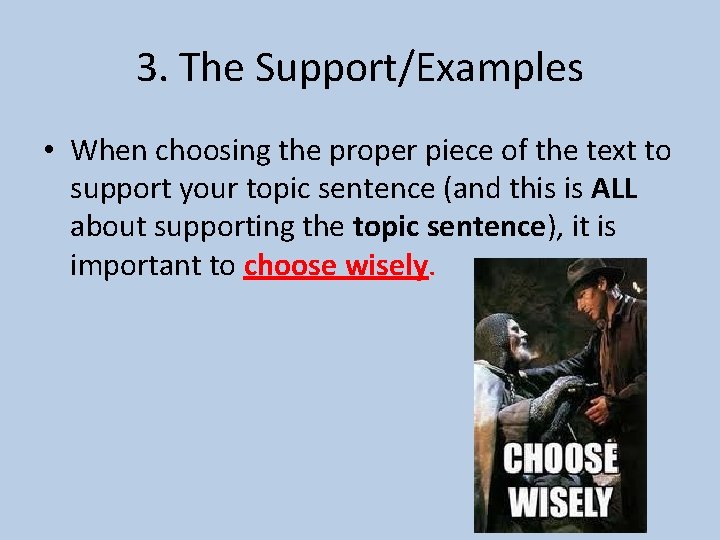 3. The Support/Examples • When choosing the proper piece of the text to support