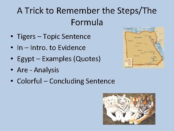 A Trick to Remember the Steps/The Formula • • • Tigers – Topic Sentence