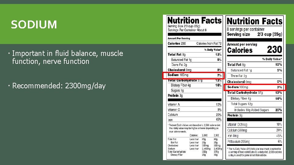SODIUM Important in fluid balance, muscle function, nerve function Recommended: 2300 mg/day 