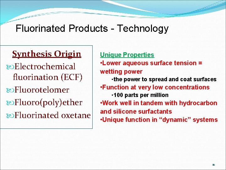 Fluorinated Products - Technology Synthesis Origin Electrochemical fluorination (ECF) Fluorotelomer Fluoro(poly)ether Fluorinated oxetane Unique