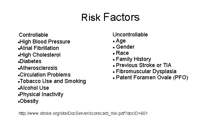 Risk Factors Controllable High Blood Pressure Atrial Fibrillation High Cholesterol Diabetes Atherosclerosis Circulation Problems