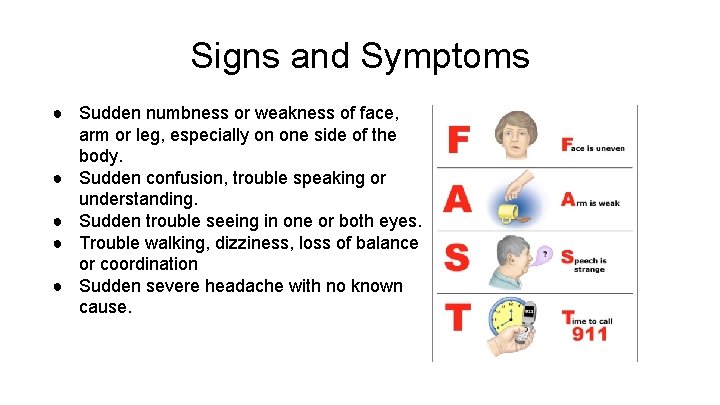 Signs and Symptoms ● Sudden numbness or weakness of face, arm or leg, especially