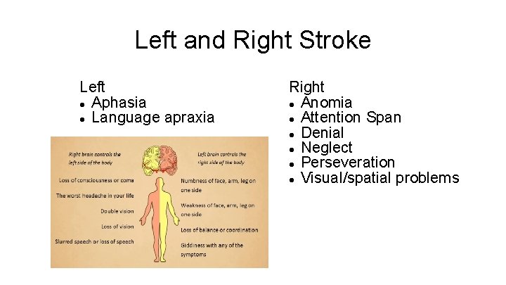 Left and Right Stroke Left Aphasia Language apraxia Right Anomia Attention Span Denial Neglect