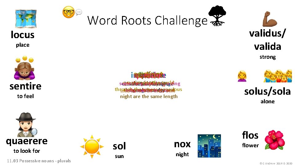locus Word Roots Challenge place validus/ valida strong sentire to feel quaerere to look