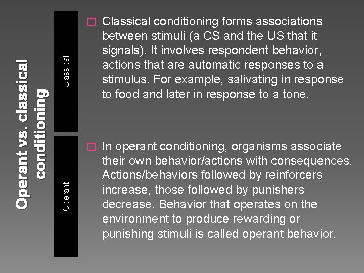 Classical conditioning forms associations between stimuli (a CS and the US that it signals).