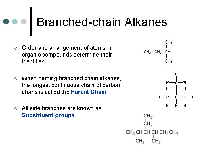 Branched-chain Alkanes ¢ Order and arrangement of atoms in organic compounds determine their identities