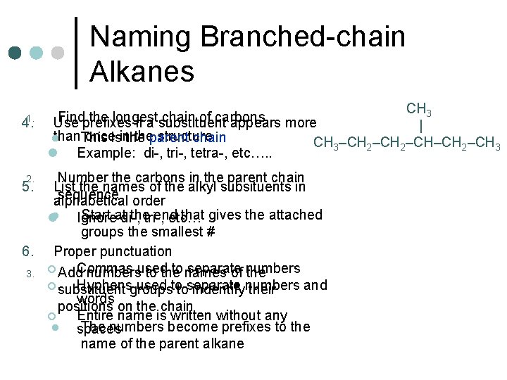 Naming Branched-chain Alkanes CH 3 Find the longest chain of carbons 4. Use prefixes