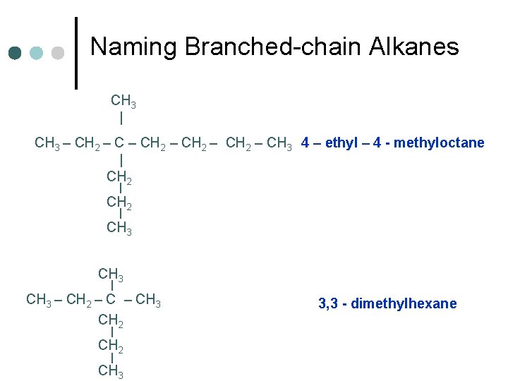 Naming Branched-chain Alkanes CH 3 | CH 3 – CH 2 – CH 3