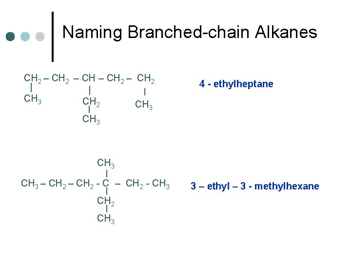 Naming Branched-chain Alkanes CH 2 – CH 2 | | | CH 3 CH