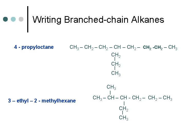 Writing Branched-chain Alkanes 4 - propyloctane CH 3 – CH 2 – CH 2