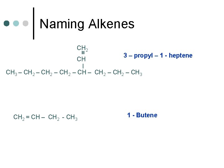 Naming Alkenes = CH 2 CH 3 – propyl – 1 - heptene |