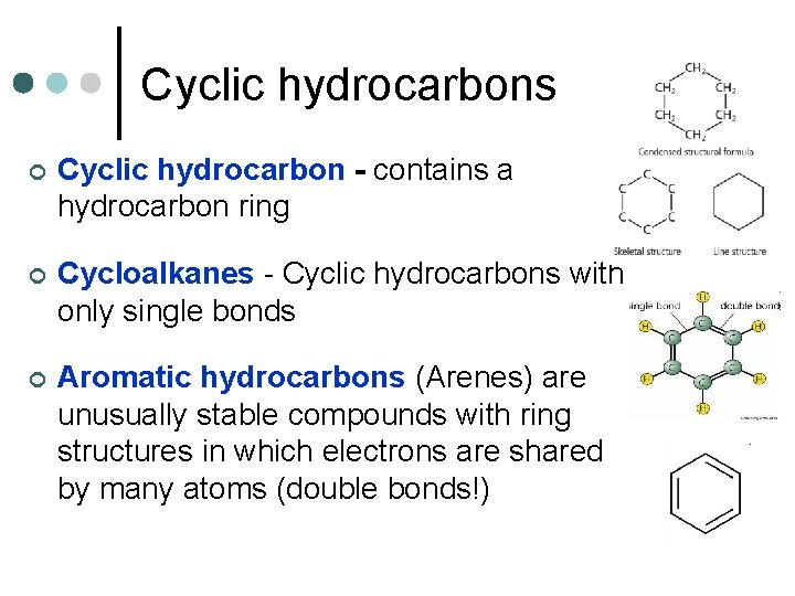 Cyclic hydrocarbons ¢ Cyclic hydrocarbon - contains a hydrocarbon ring ¢ Cycloalkanes - Cyclic