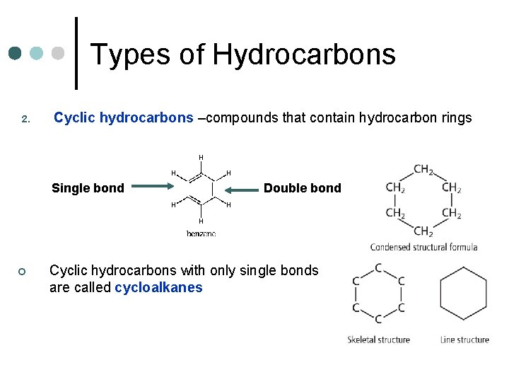 Types of Hydrocarbons 2. Cyclic hydrocarbons –compounds that contain hydrocarbon rings Single bond ¢