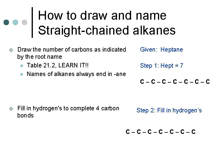 How to draw and name Straight-chained alkanes ¢ Draw the number of carbons as