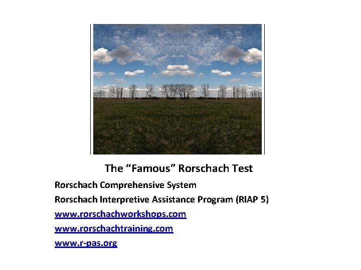 The “Famous” Rorschach Test Rorschach Comprehensive System Rorschach Interpretive Assistance Program (RIAP 5) www.