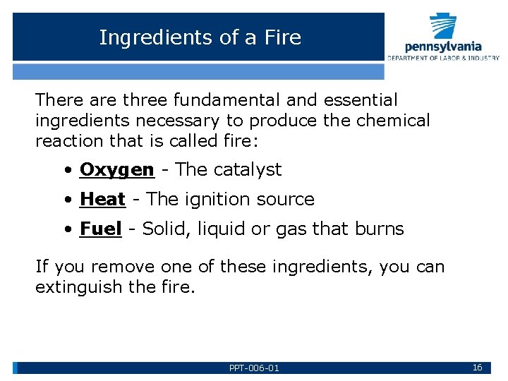 Ingredients of a Fire There are three fundamental and essential ingredients necessary to produce