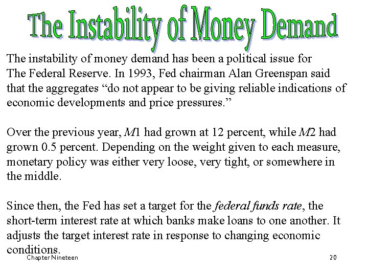 The instability of money demand has been a political issue for The Federal Reserve.