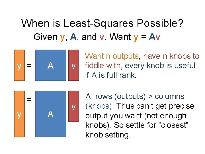 When is Least-Squares Possible? Given y, A, and v. Want y = Av y