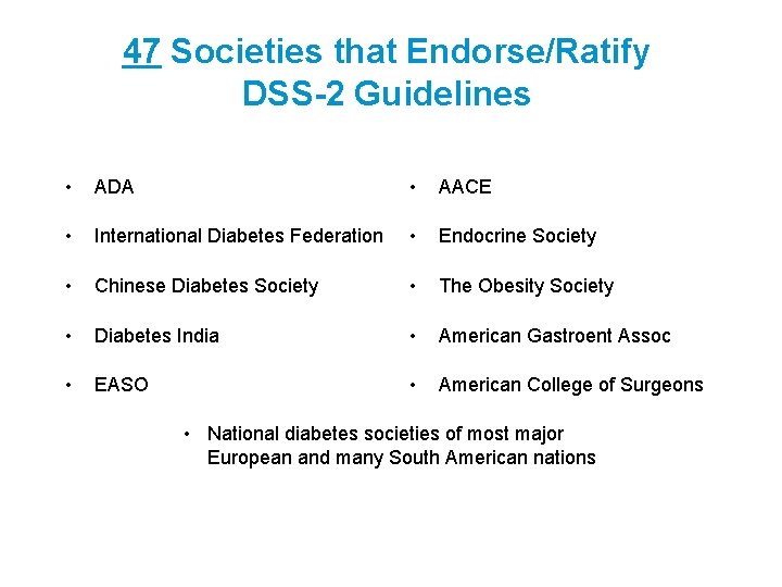 47 Societies that Endorse/Ratify DSS-2 Guidelines • ADA • AACE • International Diabetes Federation