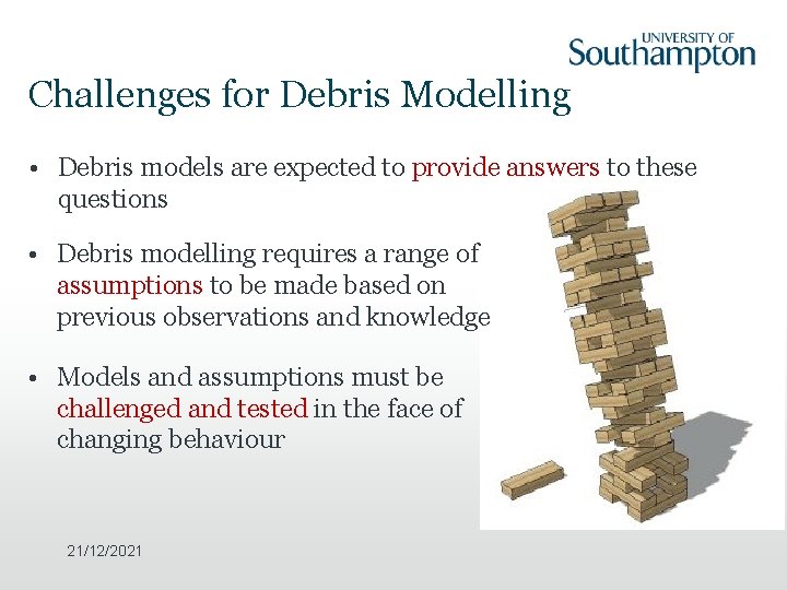 Challenges for Debris Modelling • Debris models are expected to provide answers to these