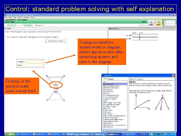 Control: standard problem solving with self explanation Contiguous interface: student works in diagram, entries