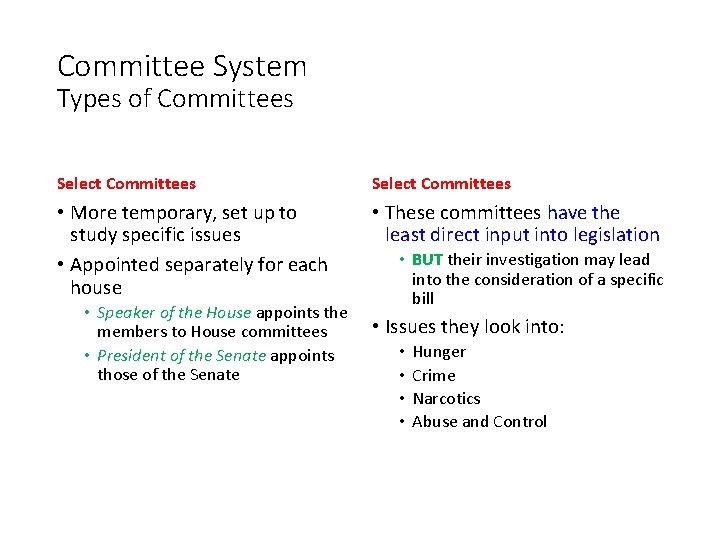 Committee System Types of Committees Select Committees • More temporary, set up to study