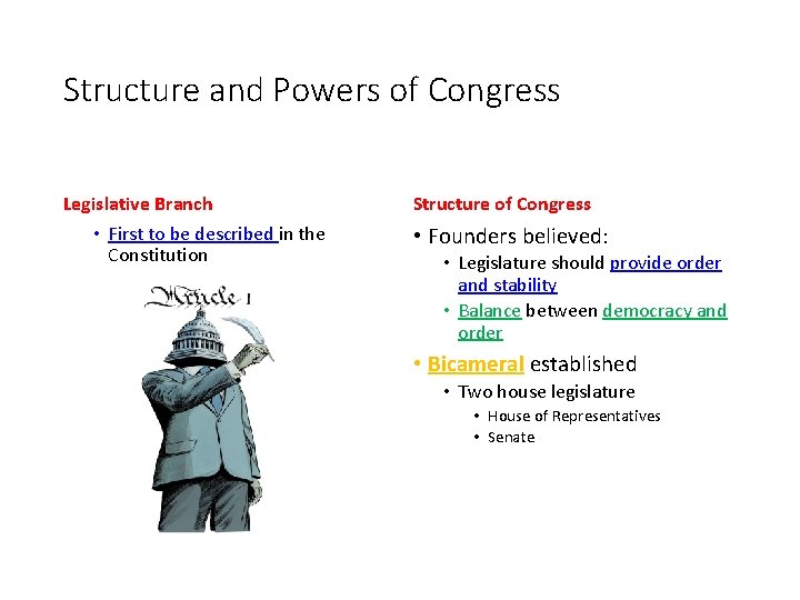 Structure and Powers of Congress Legislative Branch • First to be described in the