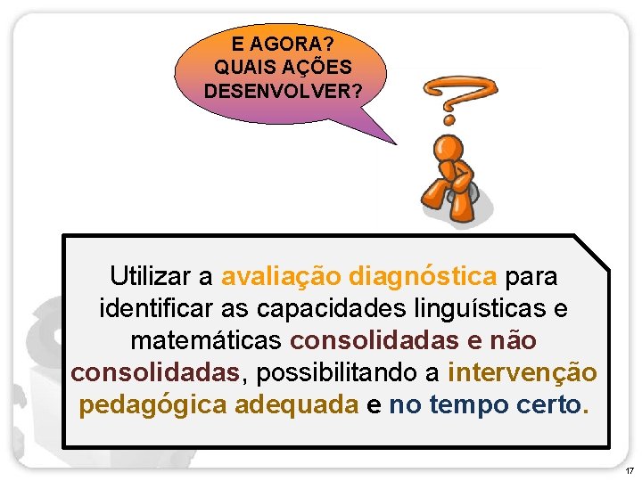 E AGORA? QUAIS AÇÕES DESENVOLVER? Utilizar a avaliação diagnóstica para identificar as capacidades linguísticas