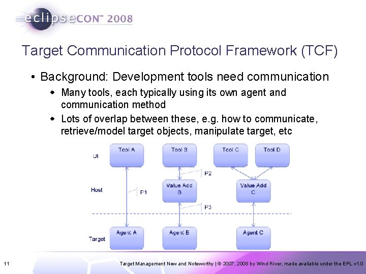 Target Communication Protocol Framework (TCF) • Background: Development tools need communication w Many tools,